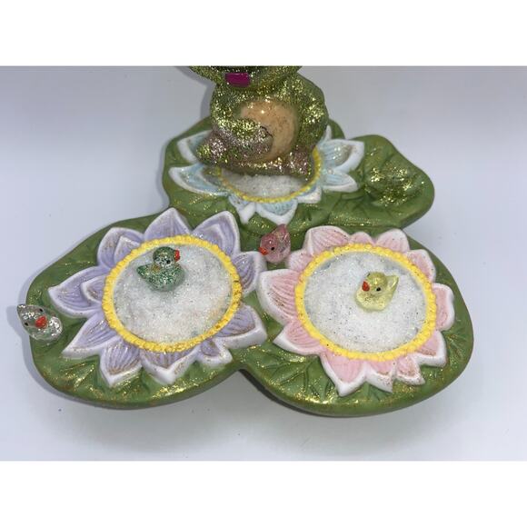 Vintage Ceramic Green Frog on Lilly Pad Ducks Deb O. Original OOAK Spring Decor - Picture 5 of 16